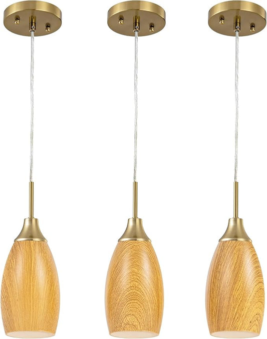 Viinew Mini Glass Pendant Light 4.72" Walnut Wood Grain Pendant Lights 3-Pack Handblown Art Oval Glass Hanging Pendant Light for Kitchen Island Dining Room Living Foyer Hallway Entry Brushed Gold