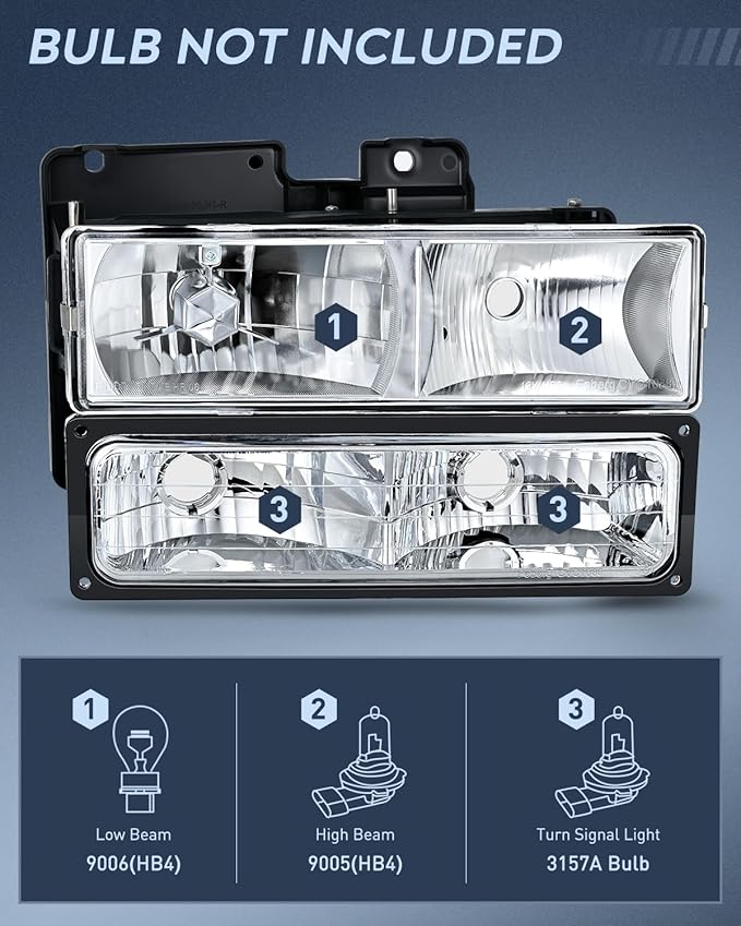 Nilight Headlight Assembly Compatible with 1988 1989 1990 1991 1992 1993 1994 1995 1996 1997 1998 Chevrolet GMC C10 C/K 1988-1999 Silverado Suburban Sierra Blazer Tahoe Yukon Chrome Housing