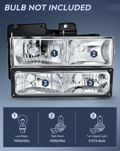 Nilight Headlight Assembly Compatible with 1988 1989 1990 1991 1992 1993 1994 1995 1996 1997 1998 Chevrolet GMC C10 C/K 1988-1999 Silverado Suburban Sierra Blazer Tahoe Yukon Chrome Housing