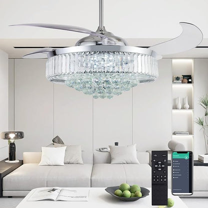 DuMaiWay 52" Dimmable Chandelier Ceiling Fan with Lights, Fandelier, Retractable Crystal Ceiling Fan Chandelier with Remote Control LED Light for Bedroom Living Room Polished Chrome 6 Speed
