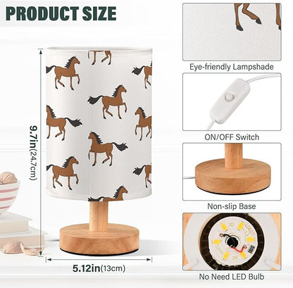 Table Lamp Brown Horse Pattern Nightstand Lamp with Wood Base Fabric Lamp Shade Bedside Desk Lamp for Living Room Bedroom Kids Room Office