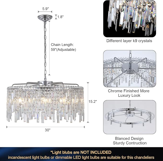 A AXILIXI Large Crystal Chandelier 30'' Chrome Modern Chandelier for Dining Room 10 Light Drum Chandelier Luxury K9 Raindrop Crystal Ceiling Pendant Fixtures for Living Room Bedroom Staircase Foyer