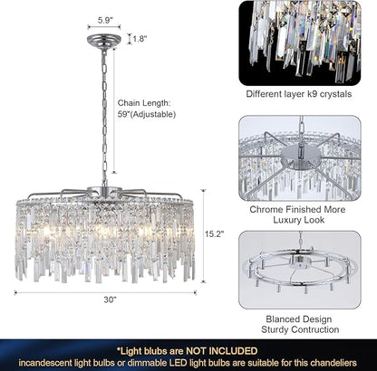A AXILIXI Large Crystal Chandelier 30'' Chrome Modern Chandelier for Dining Room 10 Light Drum Chandelier Luxury K9 Raindrop Crystal Ceiling Pendant Fixtures for Living Room Bedroom Staircase Foyer