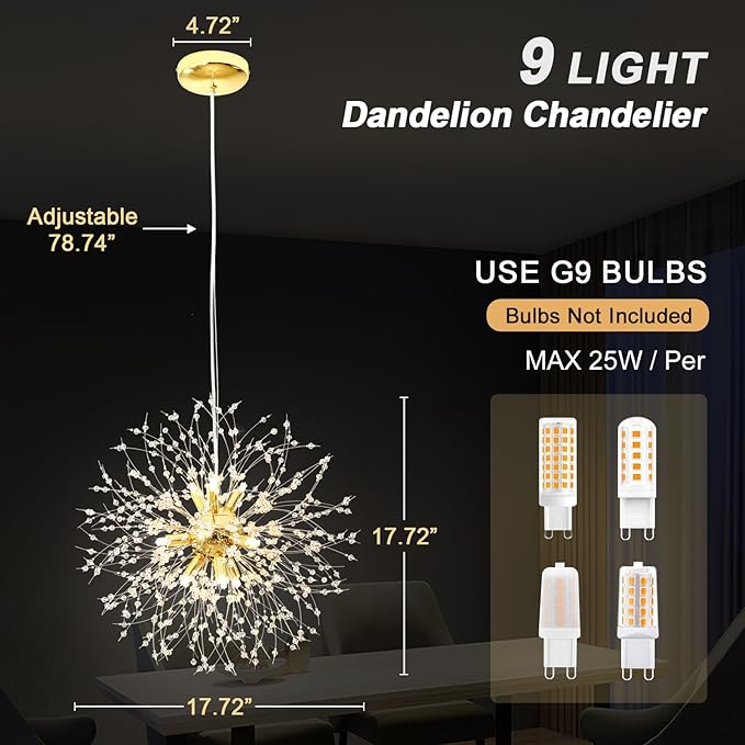 Modern Dandelion Firework Chandelier, Gold Bathroom Chandelier, Crystal Hanging Pendant Lighting Fixture for Dining Room, Bedroom, Entryway, Foyer, 9-Light