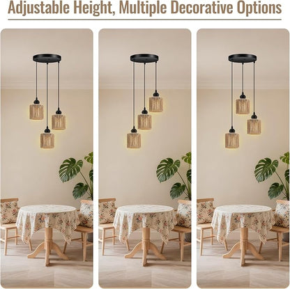 BoostArea 3-Light Rattan Pendant Lights Kitchen Island, Farmhouse Chandelier with Handwoven Wicker Shade, Adjustable Height Boho Hanging Light for Kitchen Island/Dining Room/Bedroom/Hallway, No Bulb
