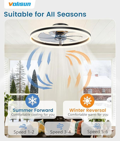 VOLISUN Low Profile Ceiling Fans with Lights and Remote, 24in Flush Mount Ceiling Fans with Light, 3000K-6500K Dimmable Fandelier LED Fan Light, Black Bladeless Ceiling Fans with Lights for Bedroom