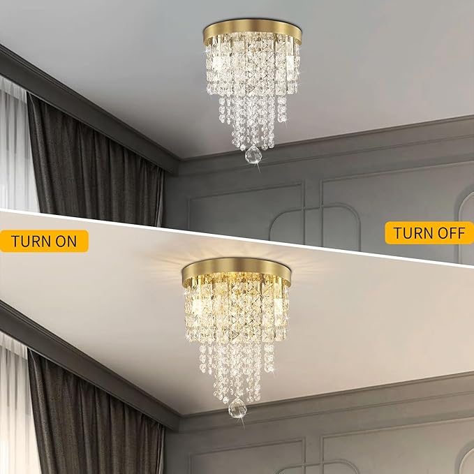 TISLYCO Mini Gold Crystal Chandelier, 3 Light Modern Flush Mount Ceiling Light Fixture, Raindrop Ceiling lamp Beaded Crystal Pendant Lighting for Hallway, Bedroom, Living Room, Dining Room