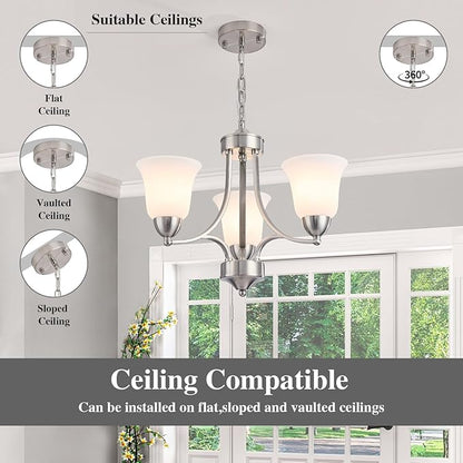 3-Lights Farmhouse Chandelier Brushed Nickel Modern Dining Room Light Fixture Silver Adjustable Ceiling Hanging Pendent Lighting with Frosted Glass for Kitchen Island, Living Room,Foyer