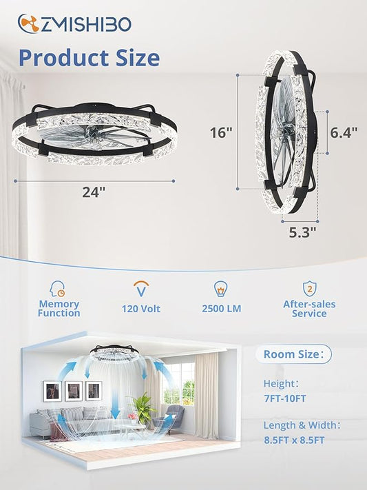 ZMISHIBO Ceiling Fans with Lights and Remote, 24 Inch Flush Mount Fan Light, 6 Speeds, 3CCT, Dimmable, Low Profile Ceiling Fan, Modern Ceiling Fan with Light for Bedroom and Living Room, Black