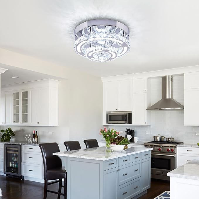 Modern Crystal Chandelier LED Flush Mount Ceiling Light Fixture 11.4" Round Small Crystal Ceiling Lights for Bedroom Kitchen Hallway (Cool White)