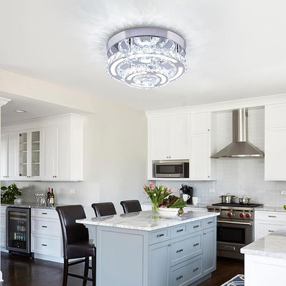Modern Crystal Chandelier LED Flush Mount Ceiling Light Fixture 11.4" Round Small Crystal Ceiling Lights for Bedroom Kitchen Hallway (Cool White)
