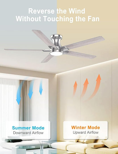 DAMINY 52 inch Nickel Ceiling Fans with Lights,5 Blades,6CCT, Low Profile,Remote Control,for Bedroom, Kitchen,Living Room,Indoor/Outdoor Use,Flush Mount