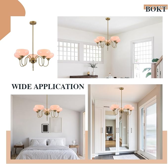 BOKT Pink Sputnik Chandelier Gold 5-Lights Semi Flush Mount Ceiling Light Pink Globe Chandelier Pendant Lighting Vintage Large Pendant Light Farmhouse Industrial Hanging Ceiling Light