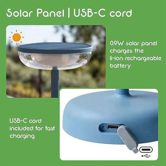 Cocktail Style Solar Table Lamp – Cordless LED Light with USB-C Charging, Dimmable Warm 2700K Glow, Weather Resistant for Indoor/Outdoor Use – Blue, 1 Pack