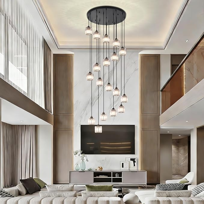 Long Raindrop Crystal Chandelier for High Ceilings Modern Crystal Long Pendant Light, Staircase Foyer Entryway Pendant Light,Raindrop Drop Lamp, Large 23.6" Black Ceiling Plate18 Lights