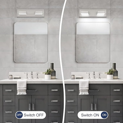 SineRise LED Modern Bathroom Vanity Light Fixtures (2-Light, 15.5-Inch, Dimmable), Brushed Nickel Modern Acrylic Bathroom Wall Lighting Fixtures Over Mirror (Cool White 6000K)