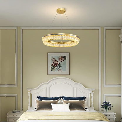 Modern LED Crystal Chandelier Brass Round Dimmable Gold Chandelier Light Fixture 3 Colors Pendant Ceiling Light for Dining Room Living Room Kitchen Island Entryway Foyer Bedroom Bathroom D22''
