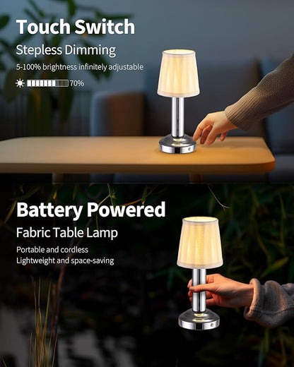 Small Cordless Table Lamp 2 Pack, 11.4" H Fabric Shade Touch Lamps, 4000mAh Rechargeable Battery Powered Lamp, Mini Bedside Lamp for Buffet, Dining Room, Bedroom, Bar (Silver)