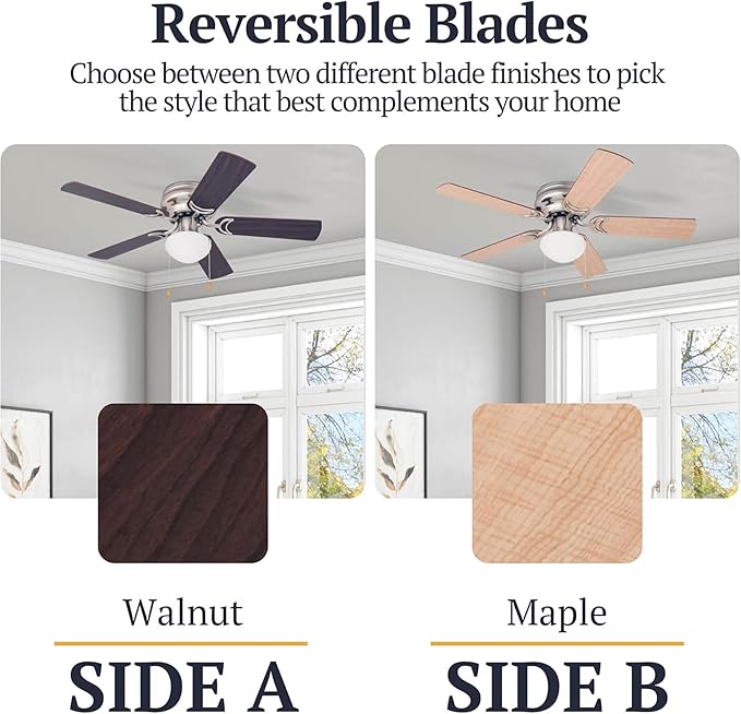 Prominence Home Alvina 42 Inch Traditional Flush Mount Ceiling Fan with Light, Pull Chain, Dual Finish Blades, Reversible Motor, Brushed Nickel
