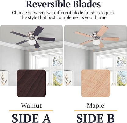 Prominence Home Alvina 42 Inch Traditional Flush Mount Ceiling Fan with Light, Pull Chain, Dual Finish Blades, Reversible Motor, Brushed Nickel