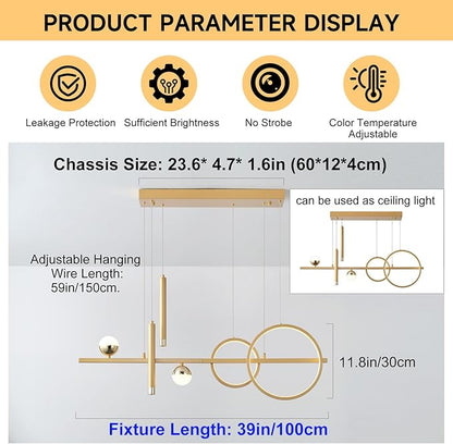 ORANOOR LED Gold Chandeliers for Dining Room, 39in Dimmable Modern Chandelier Gold Pendant Lights for Kitchen Island, Linear Ring Globe Pendant Light Fixtures Dining Room Lights Ceiling Hanging