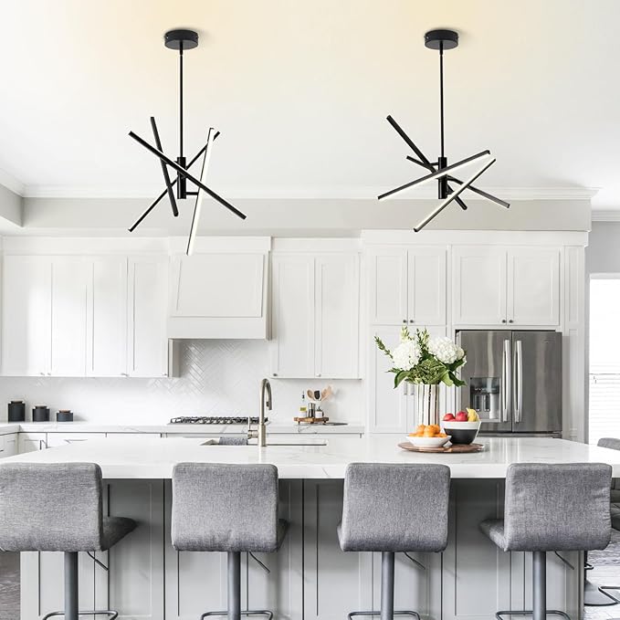 Modern Black Chandelier Light Fixtures: LED 4-Light Sputnik Dining Room Chandeliers Linear Pendant Lights Fixture Over Table Dimmable with Remote for Kitchen Island Living Room