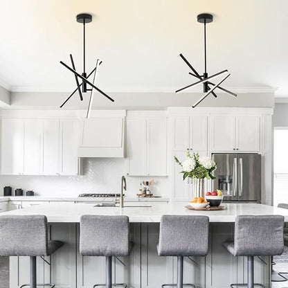 Modern Black Chandelier Light Fixtures: LED 4-Light Sputnik Dining Room Chandeliers Linear Pendant Lights Fixture Over Table Dimmable with Remote for Kitchen Island Living Room