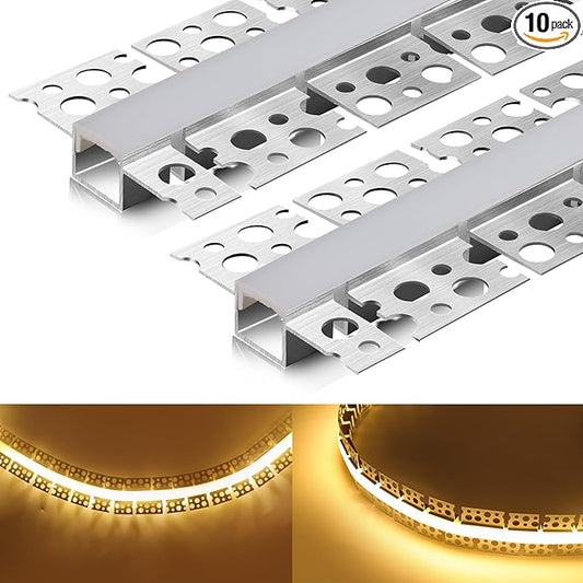 10 Pack LED Channel with Milky White Diffuser 6.6FT/2M Plaster-in Aluminum Drywall U Shaped Trimless Recessed Track for LED Strip, Flexible Led Profile 45 Degree Bendable