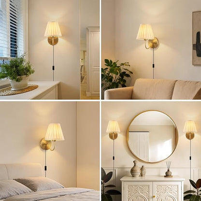 Plug in Wall Sconces Set of Two, Fabric Shade Wall Light with On/Off Switch, Plug in Wall Mount Lamps Wall Decor Set of 2, Gold Sconces Wall Lighting Fixture for Bedroom Bedside Living Room Porch