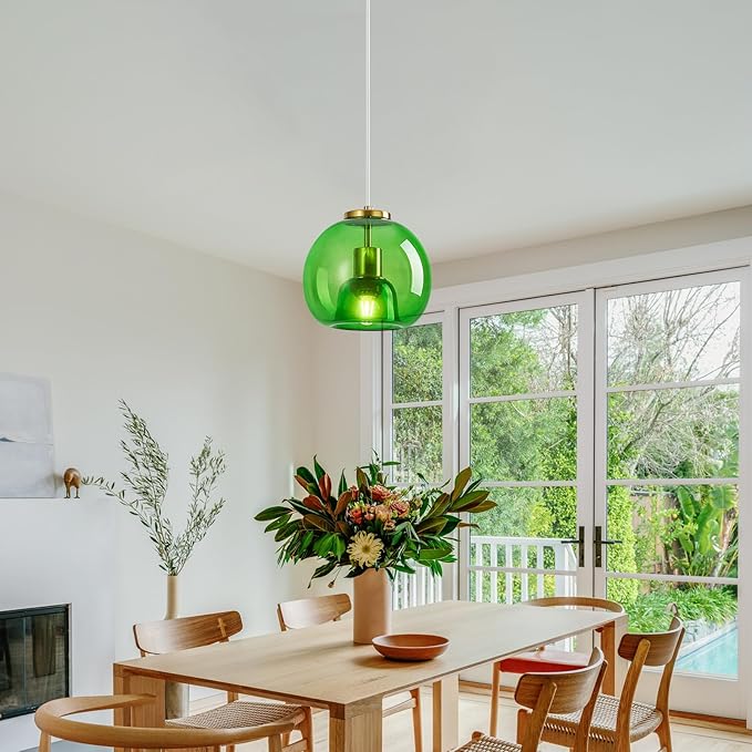 Green Glass Pendant Lights Kitchen Island Gold Hanging Light Fixture Glass Globe Pendant Light Modern Pendant Lighting for Kitchen Island Bedroom Dining Room (7.87", 3 Pack)