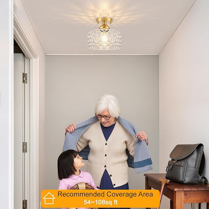 Daunton Small Semi Flush Mount Ceiling Light Fixture, Vintage Gold Close to Ceiling Lighting with Hammered Glass Shade for Hallway, Kitchen, Entryway (Retro Design, Easy Install)