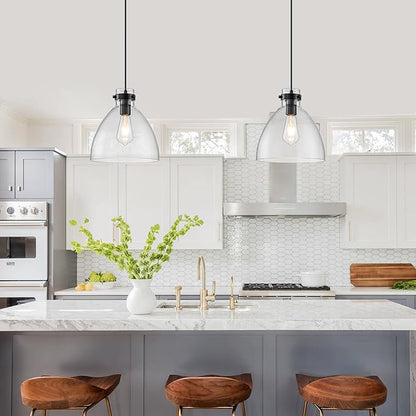 WILON Pendant Lights, Pendant Lights Kitchen Island, 1-Pack Black Farmhouse Pendant Light Fixtures with 9.8" Round Glass Shade for Dining Room Over Table Sink Bar Foyer