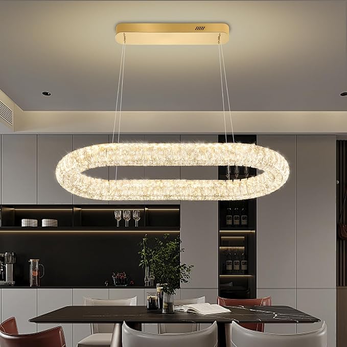 Led Ring Chandelier, Modern Linear Oval Chandelier for Dining Room 31.5in Gold Crystal Ring Pendant Light Dimmable 3000K-6000K