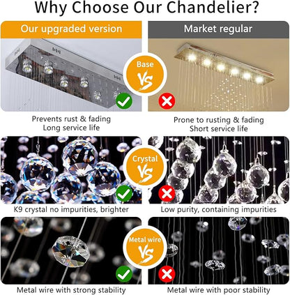 Modern Wave Chandelier, Rectangular Crystal Raindrop Chandelier Flush Mount Pendant Lighting Chrome Ceiling Light Fixture for Dining, Living Room, Kitchen Island, Bedroom of CRYSTOP