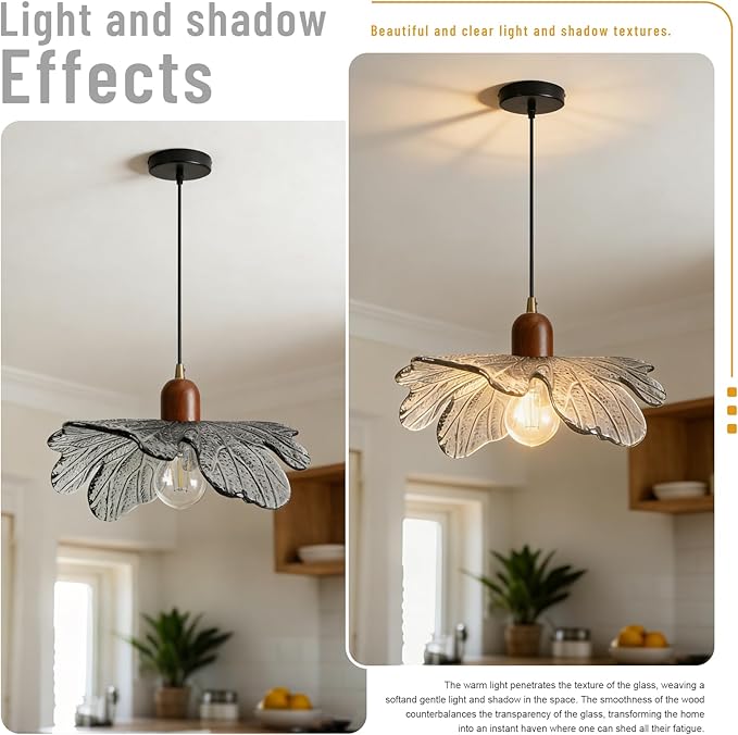 Light Gray Petal Glass Pendant Light Modern Mid Century Chandelier Height Adjustable Hanging Ceiling Light Fixture for Kitchen Island Dining Room Bedroom Living Room Hallway