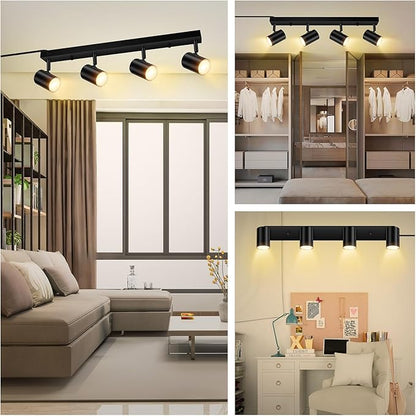 AUQUEE 4 Light Track Lighting Kit,Black 4 Way LED Plug in Ceiling Spotlight,Industrial GU10 Wall Light for Kitchen Cabinet Gallery Bar Hallway Living Room,Rocker Switch,15 Foot Cord(No Bulb)