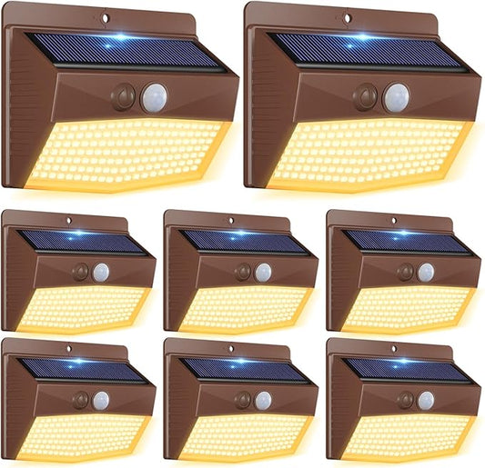 Peasur Solar Outdoor Lights, [8 Packs] Motion Sensor Security Lights with 3 Lighting Modes Wall Lights Waterproof Solar Powered Lights for Garden Yard,Brown White