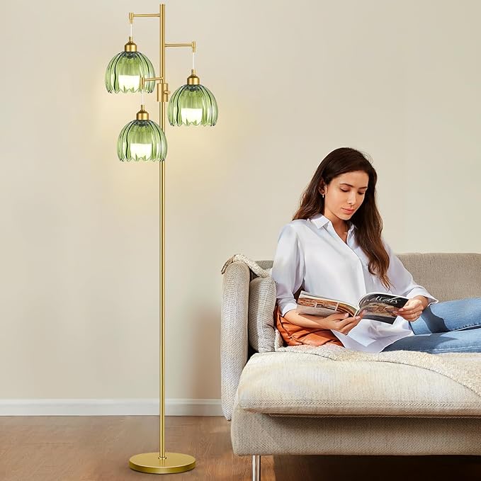 ZECOXOL Dimmable Floor Lamps for Living Room-3 Light Gold Floor Lamp with Three Bulbs & Glass Lampshape, Mid Century Modern Standing Lamp Tree Tall Flower Floor Lamp for Bedroom Living Room,Corner