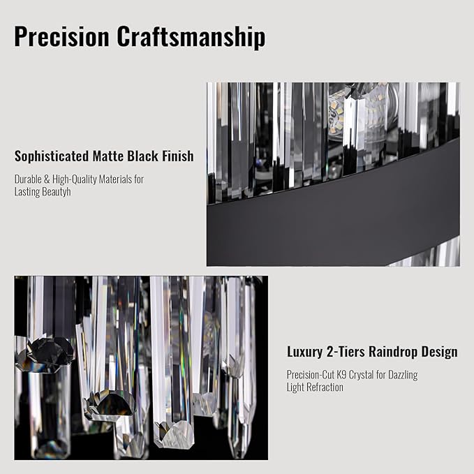Modern Crystal Chandelier 16-Light Black Round 2 Tiers Raindrop Chandelier for Dining Room Luxury Large Flush Mount Ceiling Light for Living Room Entryway Foyer Bedroom D31.5''