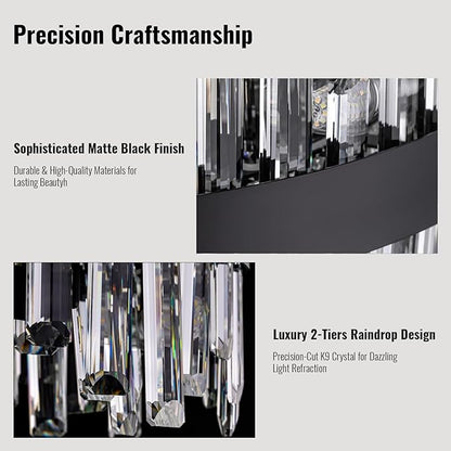 Modern Crystal Chandelier 16-Light Black Round 2 Tiers Raindrop Chandelier for Dining Room Luxury Large Flush Mount Ceiling Light for Living Room Entryway Foyer Bedroom D31.5''