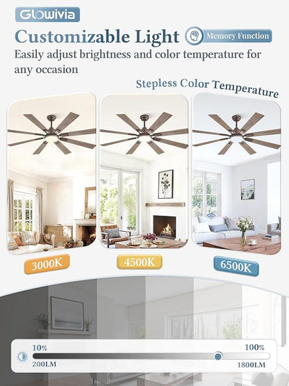 65 Inch Ceiling Fans with Lights and Remote&APP Control, Bronze Smart Ceiling Fan with 3000-6000K Dimmable, 6 Speeds Quiet Reversible Motor, Indoor/Outdoor Ceiling Fan for Living Room Bedroom