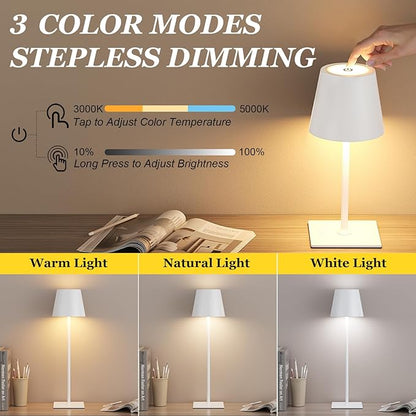 Kakanuo White Gold Cordless Rechargeable Table Lamp 5000mAh Battery Operated Lamps, 3 Colors Stepless Dimming Touch Lamp for Living Room, Kitchen Counter, Dining, Outdoor Patio, 2 Pack