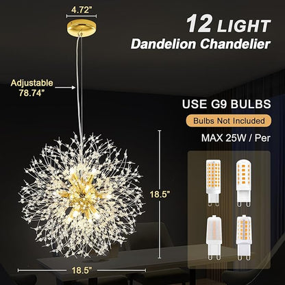 Modern Dandelion Firework Chandelier, Gold Dining Room Chandelier, Crystal Hanging Pendant Lighting Fixture for Living Room, Bathroom, Bedroom, Entryway, 12-Light