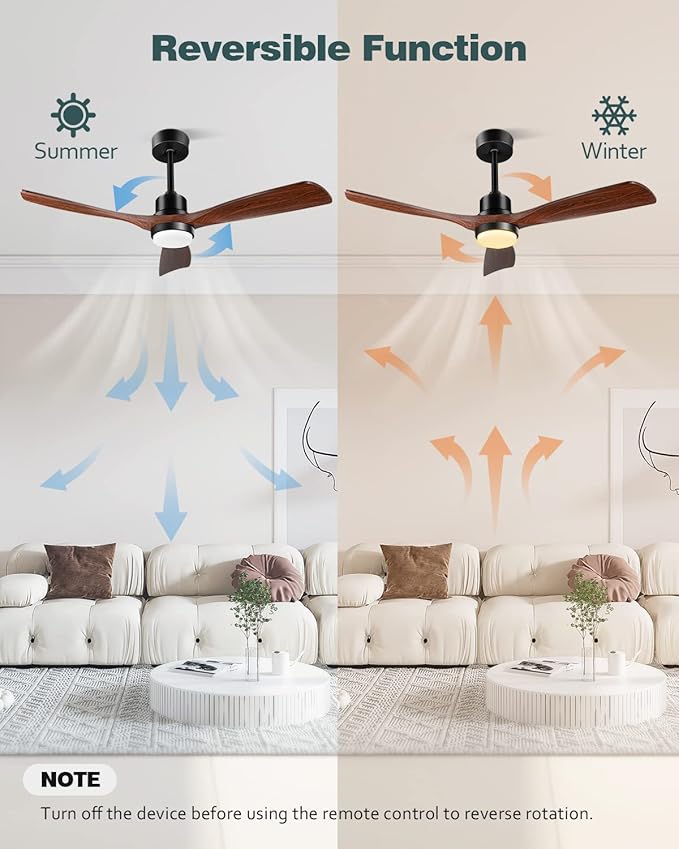 Ceiling Fans with Lights and Remote, 52 Inch Outdoor Ceiling Fan for Patios Indoor with 3 Downrods, 3 Blades Modern Ceiling Fan, 6 Speed Reversible Quiet DC Motor Solid Wood Fan,52in,Walnut