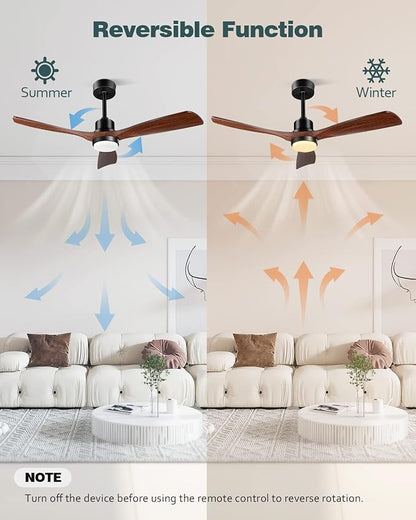 Ceiling Fans with Lights and Remote, 52 Inch Outdoor Ceiling Fan for Patios Indoor with 3 Downrods, 3 Blades Modern Ceiling Fan, 6 Speed Reversible Quiet DC Motor Solid Wood Fan,52in,Walnut
