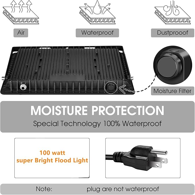 YANYCN 3 Pack 100W Led Flood Lights Outdoor,Super Bright 11600LM Security Lights with Plug,Exterior IP66 Waterproof 5000K Daylight White FloodLight for Basketball Court, Yard, Garden, Playground