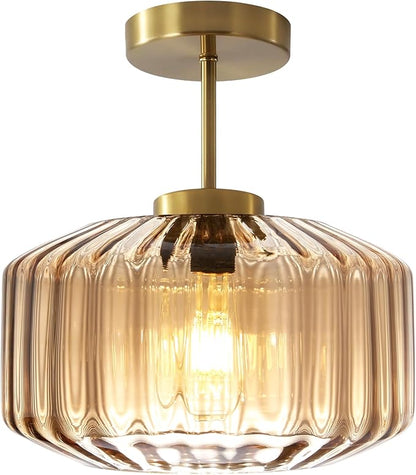 Amber Glass Flush Mount Ceiling Light Fixture, 11.02 Inch Modern Dome Light with Warm Gold Finish for Bedroom, Kitchen, Textured Glass Shade, Easy to Install, 1-Light E26 Socket