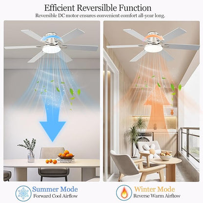 Ceiling Fans with Lights,54 Inch Low Profile Ceiling Fan with Light and Remote Control,6 Speeds/6 Blade,Flush Mount,LED Dimmable DC Reversible Modern, Nickel Ceiling Fan for Bedroom/Living Room