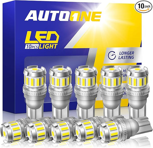 AUTOONE 194 LED Bulb, License Plate Light 300% High Brightness T10 168 2825 W5W LED Bulbs for Dome Map Door Courtesy Interior Car Lights 6500K White, Pack of 10