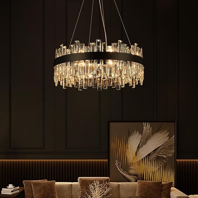Crystal Chandeliers for Dining Room Lights Fixtures, 16 Lights Luxury Gold Modern Chandeliers for Bedroom, 2-Tier Round Crystal Lighting Fixtures for Living Room Entryway Kitchen Island D24 Inch